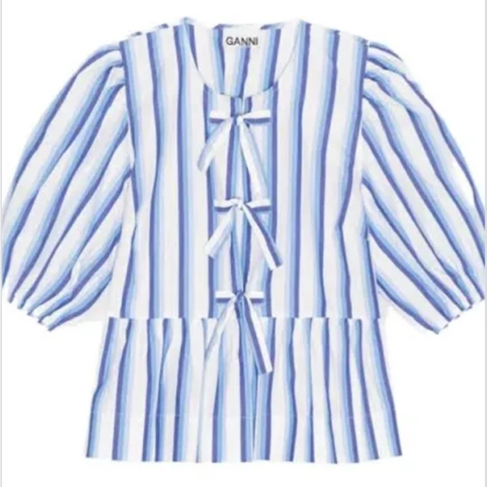 Ganni Blue and White Striped Peplum Blouse
